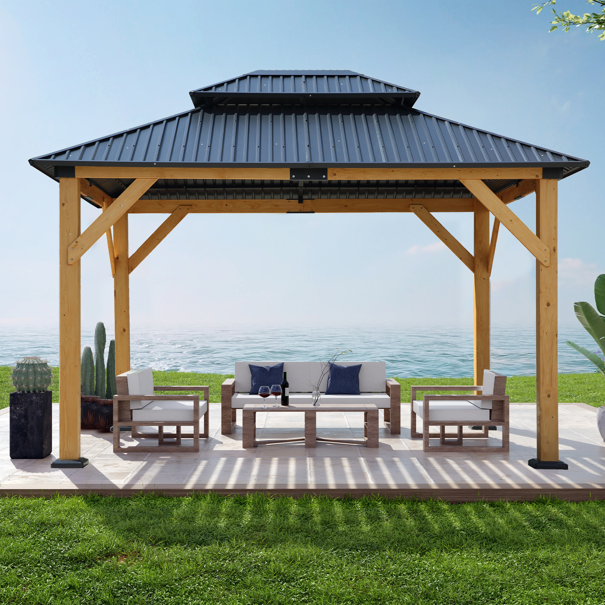 Wood pavilion with four- side roof